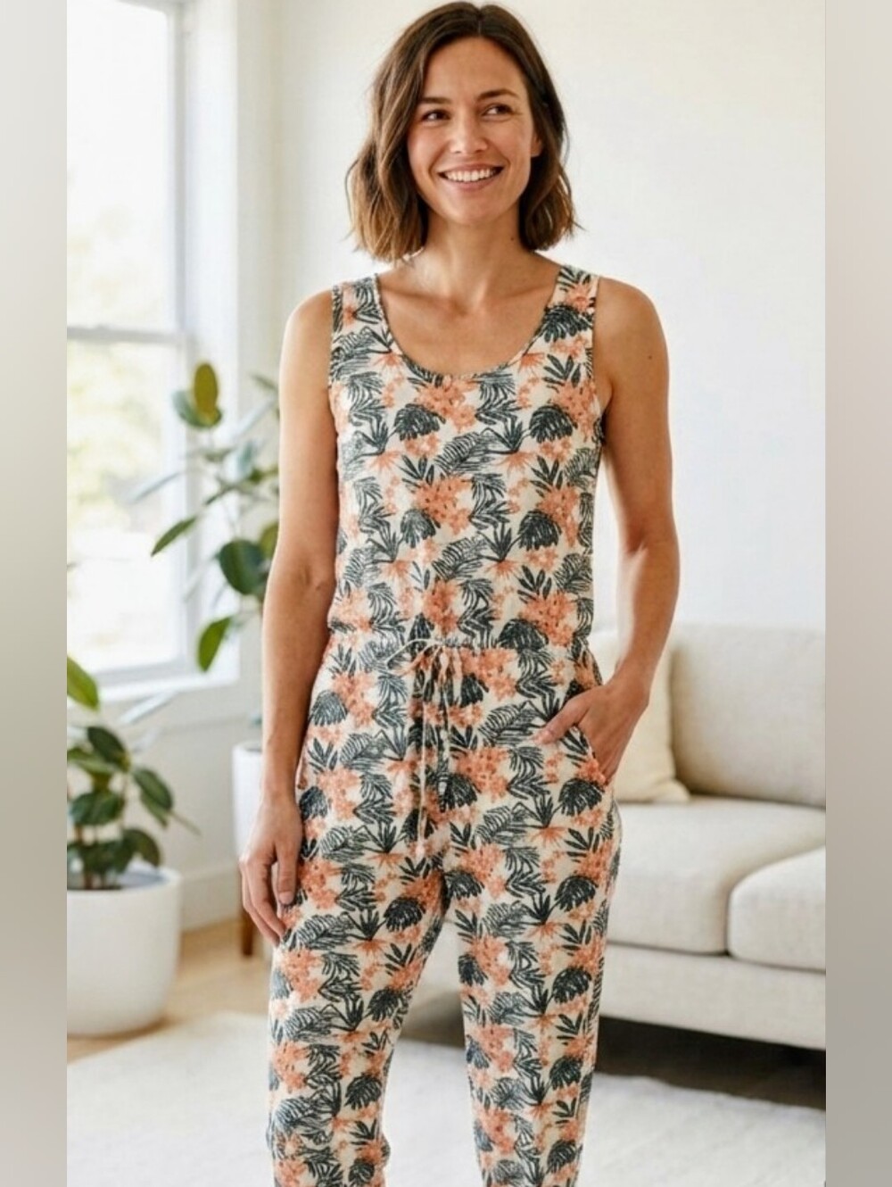 Lola & Taylor Tropical Floral🌱 Organic Cotton Jumpsuit Pockets Coral Green S